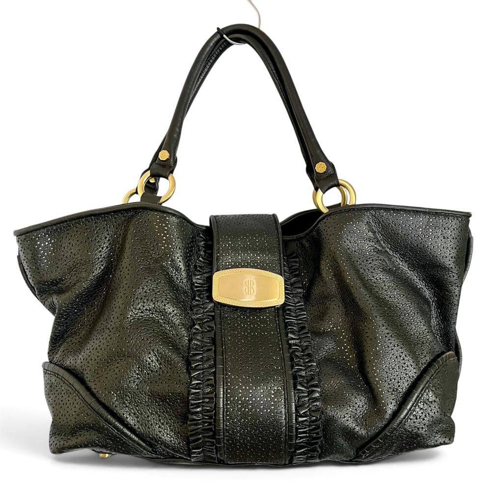 Bill Blass Black Perforated Leather Ruffle Front East-West Hobo Tote Bag